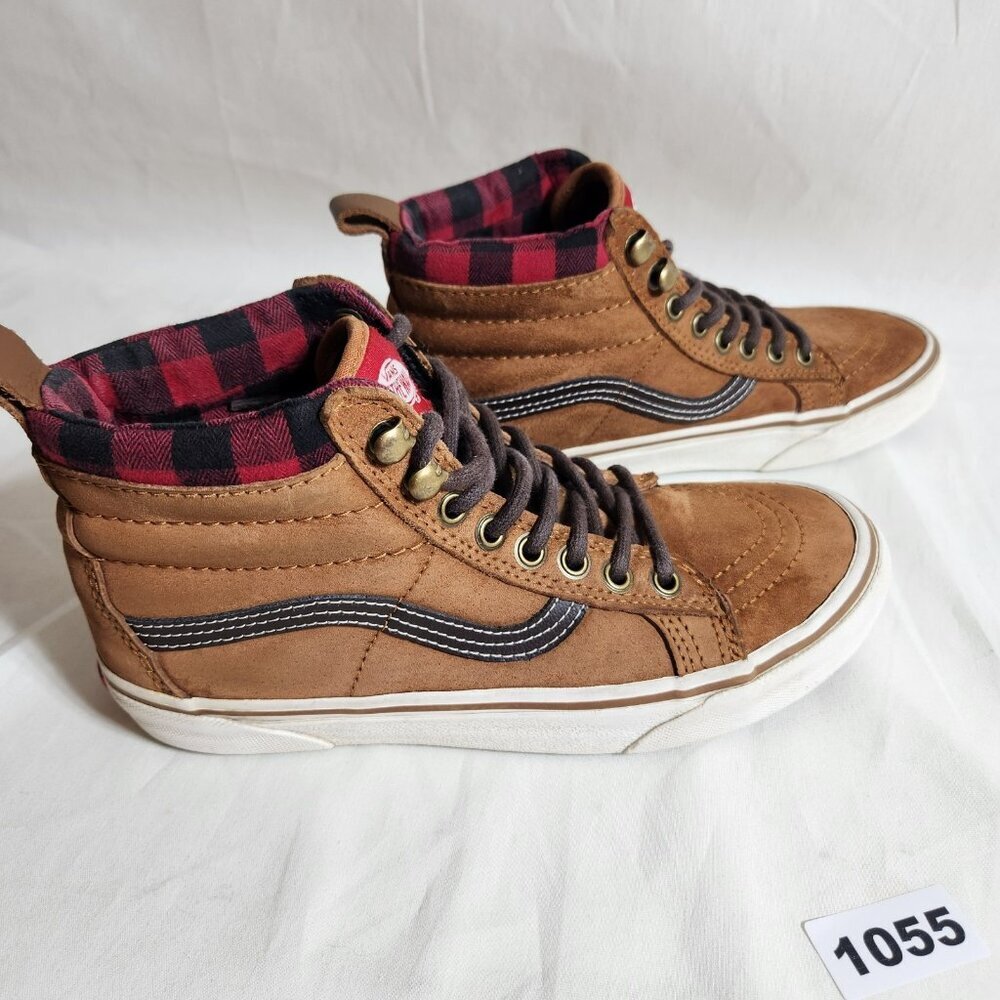 Vans Off the Wall Mens 5 Women 6.5 Brown Suede Skate Sneakers Red Black Plaid - Picture 2 of 9